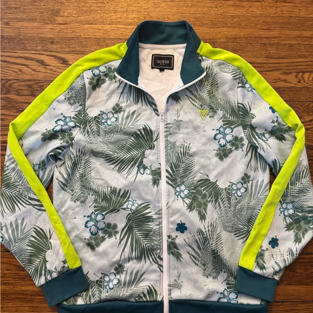 #606 GUESS Floral/ PALM PRINT WARMUP Jacket - Green and Blue - Picture 3 of 15